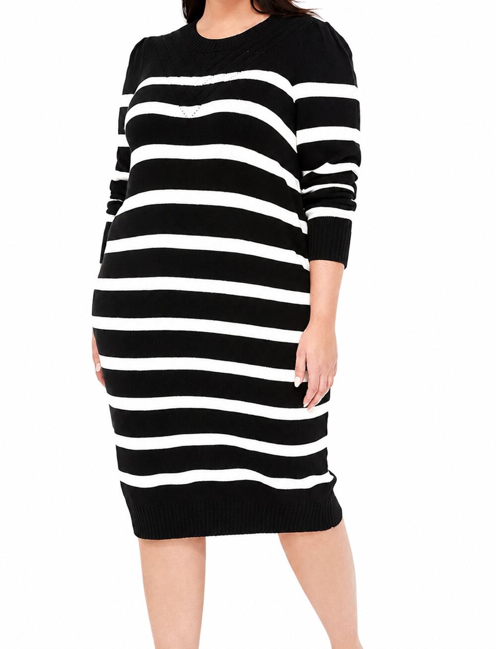 Lane Bryant Sweater Dress 26/28 Black White Stripe 100% Cotton Long Sleeve Plus